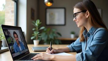 Flat Young female student uses laptop for e learning or remote work at home office watches webinar learns training studies online seminar or call meeting writes notes at desk Realistic Set 5 photo