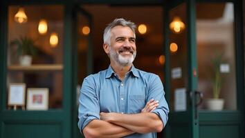 Flat Happy European middle aged man small local business owner stands outside own cafe smiling dreaming looking away senior entrepreneur portrait concept as European middle aged ma Realistic Set 5 photo
