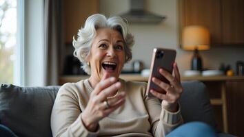 Flat Happy mature old 60s woman holding smartphone using mobile phone app for call laughing while watching funny feeling excited winning online lottery bid on cellphone Realistic Set 4 photo