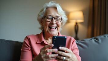 Flat Happy mature old 60s woman holding smartphone using mobile phone app for call laughing while watching funny feeling excited winning online lottery bid on cellphone Realistic Set 2 photo