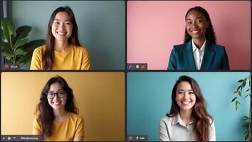 Four Happy Multicultural Friends Connect Virtually A Cute Illustration of Young Women Engaging in Online Calls While Practicing Social Distancing Realistic Set photo