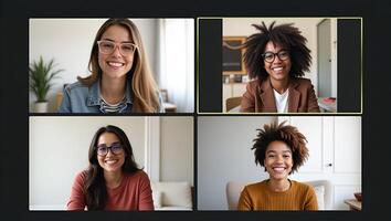 Flat Four happy multicultural diverse friends young women talk during online virtual chat call in group conference practicing social distance virtual meeting via computer vid Realistic Set 4 photo