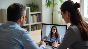 Indian HR manager holding CV conducting virtual job interview with remote female candidate via call on laptop representing online recruitment process concept as Indian HR ma Realistic Set 2 photo