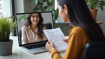 Indian HR Manager Conducting Virtual Job Interview with Remote Female Candidate via Call on Laptop Online Recruitment Process Concept with Space for Text Realistic Set photo