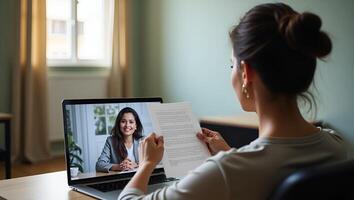 Indian HR manager holding CV conducting virtual job interview with remote female candidate via call on laptop representing online recruitment process concept as Indian HR ma Realistic Set 6 photo