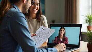 Indian HR manager holding CV conducting virtual job interview with remote female candidate via call on laptop representing online recruitment process concept as Indian HR ma Realistic Set 3 photo
