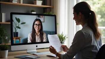 Indian HR manager holding CV conducting virtual job interview with remote female candidate via call on laptop representing online recruitment process concept as Indian HR ma Realistic Set 4 photo