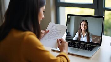 Indian HR manager holding CV conducting virtual job interview with remote female candidate via call on laptop representing online recruitment process concept as Indian HR ma Realistic Set photo