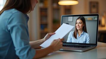 Indian HR manager holding CV conducting virtual job interview with remote female candidate via call on laptop representing online recruitment process concept as Indian HR ma Realistic Set 5 photo