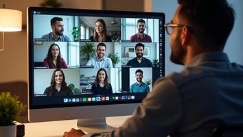 Latin Indian Businessman Leading Virtual Team Meeting Engaging Diverse Customer Support Team via Group Call in Over the Shoulder View Stock Photo Concept Realistic Set 2