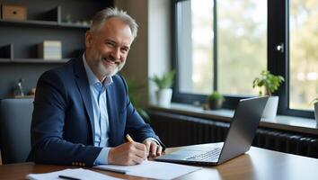 Middle aged smiling professional businessman and CEO wearing suit sitting at desk in modern office working on laptop and writing notes with copy space for text concept as Middle a Realistic Set 2 photo