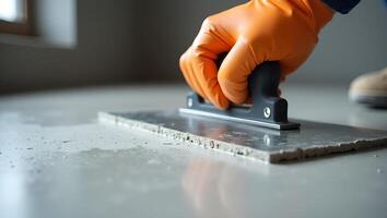 Close Up Action Shot of Worker in Orange Gloves Smoothing Concrete Floor with Trowel During Construction Perfect for Stock Photo Concepts with Empty Space Realistic Set