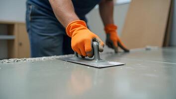 Close Up Action Shot of Construction Worker in Orange Gloves Smoothing Concrete Floor with Trowel Perfect Photo Stock Concept with Empty Space for Text on Left Side Realistic Set
