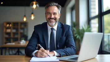 Middle aged smiling professional businessman and CEO wearing suit sitting at desk in modern office working on laptop and writing notes with copy space for text concept as Middle a Realistic Set 3 photo