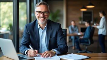 Middle aged smiling professional businessman and CEO wearing suit sitting at desk in modern office working on laptop and writing notes with copy space for text concept as Middle a Realistic Set 5 photo