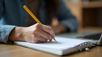 Close up of person writing in notebook with yellow pen emphasizing creativity and organization in a cozy environment concept as Detailed close up of individual writing in notebook Realistic Set 2 photo