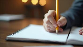 Close up of person writing in notebook with yellow pen emphasizing creativity and organization in a cozy environment concept as Detailed close up of individual writing in notebook Realistic Set 3 photo