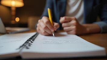 Close up of person writing in notebook with yellow pen emphasizing creativity and organization in a cozy environment concept as Detailed close up of individual writing in notebook Realistic Set 4 photo