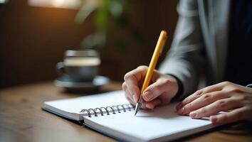 Close up of person writing in notebook with yellow pen emphasizing creativity and organization in a cozy environment concept as Detailed close up of individual writing in notebook Realistic Set 5 photo