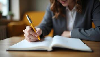 Close Up of Individual Writing in Notebook with Yellow Pen Emphasizing Creativity and Organization in a Cozy Environment Stock Photo Concept with Empty Space for Text Realistic Set