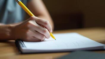 Cozy Creativity Close Up of Individual Writing in Notebook with Yellow Pen Emphasizing Organization and Inspiration in a Warm Environment Photo Stock Concept Realistic Set 2