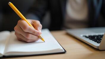 Cozy Creativity Close Up of Individual Writing in Notebook with Yellow Pen Emphasizing Organization and Inspiration in a Warm Environment Photo Stock Concept Realistic Set