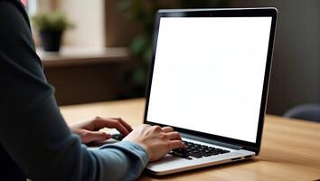 Flat Hipster teen girl student sitting at kitchen table using laptop computer touchpad mock up white blank monitor screen learning online on modern notebook working from home offic Realistic Set 2 photo