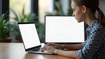 Flat Hipster teen girl student sitting at kitchen table using laptop computer touchpad mock up white blank monitor screen learning online on modern notebook working from home offic Realistic Set 3 photo