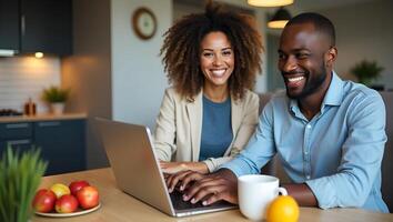 Flat Smiling professional black businessman using laptop working from home office happy African customer making ecommerce order from supermarket typing on PC at kitchen table conc Realistic Set 3 photo