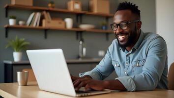 Flat Smiling professional black businessman using laptop working from home office happy African customer making ecommerce order from supermarket typing on PC at kitchen table conc Realistic Set photo