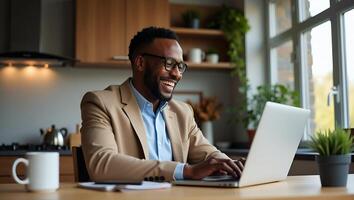 Flat Smiling professional black businessman using laptop working from home office happy African customer making ecommerce order from supermarket typing on PC at kitchen table conc Realistic Set 2 photo