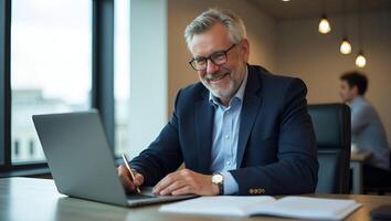 Flat Middle aged smiling professional businessman and CEO wearing suit sitting at desk in modern office working on laptop and writing notes with copy space for text concept as Mid Realistic Set photo