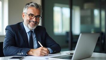 Flat Middle aged smiling professional businessman and CEO wearing suit sitting at desk in modern office working on laptop and writing notes with copy space for text concept as Mid Realistic Set 3 photo