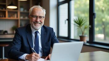 Flat Middle aged smiling professional businessman and CEO wearing suit sitting at desk in modern office working on laptop and writing notes with copy space for text concept as Mid Realistic Set 4 photo