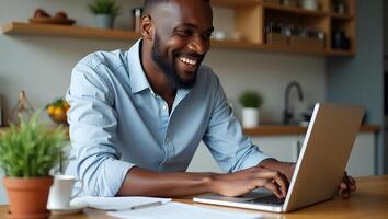 Flat Smiling professional black businessman using laptop working from home office happy African customer making ecommerce order from supermarket typing on PC at kitchen table conc Realistic Set 4 photo