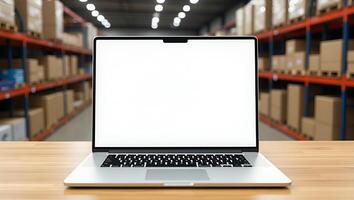 Flat Online ecommerce store mockup for dropshipping business website featuring table with laptop showing blank white screen and shipping boxes set against retail marketplace and wa Realistic Set 3 photo
