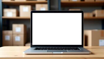 Flat Online Ecommerce Store Mockup for Dropshipping Showcase Your Business with a Laptop Shipping Boxes and a Retail Marketplace Background in a Cute Illustration Realistic Set photo