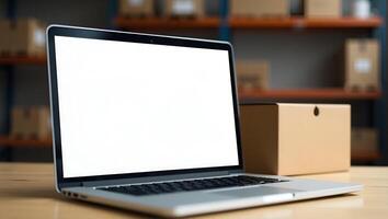 Flat Online Ecommerce Store Mockup for Dropshipping Showcase Your Business with a Laptop Shipping Boxes and a Retail Marketplace Background in a Cute Style Realistic Set photo
