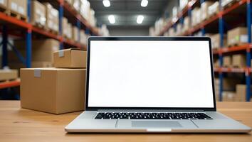 Flat Online ecommerce store mockup for dropshipping business website featuring table with laptop showing blank white screen and shipping boxes set against retail marketplace and wa Realistic Set photo