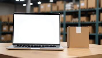 Flat Online ecommerce store mockup for dropshipping business website featuring table with laptop showing blank white screen and shipping boxes set against retail marketplace and wa Realistic Set 5 photo