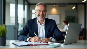 Flat Middle aged smiling professional businessman and CEO wearing suit sitting at desk in modern office working on laptop and writing notes with copy space for text concept as Mid Realistic Set 5 photo