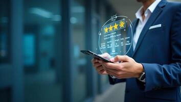 Enhancing Customer Satisfaction Online Application for Service Experience Ratings and Feedback Surveys Photo Stock Concept with Left Side Empty Space for Visual Appeal Realistic Set 2