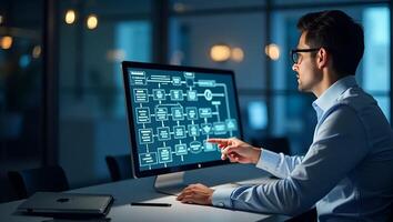 Businessman analyzing process and workflow automation on computer with flowchart businessman in background concept as Businessman uses computer for process analysis and workflow au Realistic Set photo