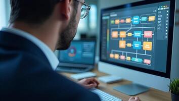 Businessman analyzing process and workflow automation on computer with flowchart businessman in background concept as Businessman uses computer for process analysis and workflow au Realistic Set 3 photo