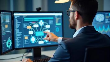Businessman Analyzing Workflow Automation Process Analysis with Flowchart on Computer Stock Photo Concept Featuring Businessman and Empty Space for Customization Realistic Set 2