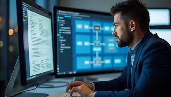 Businessman analyzing process and workflow automation on computer with flowchart businessman in background concept as Businessman uses computer for process analysis and workflow au Realistic Set 2 photo