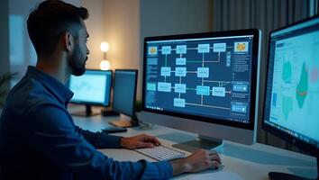 Businessman Analyzing Workflow Automation Process Analysis with Flowchart on Computer Stock Photo Concept Featuring Businessman and Empty Space for Customization Realistic Set