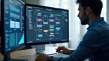 Businessman analyzing process and workflow automation on computer with flowchart businessman in background concept as Businessman uses computer for process analysis and workflow au Realistic Set 4 photo