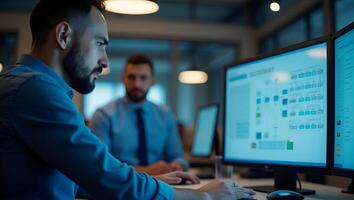 Businessman Analyzing Workflow Automation Process Analysis with Flowchart on Computer Stock Photo Concept Featuring Businessman in Background and Empty Space for Customization Realistic Set