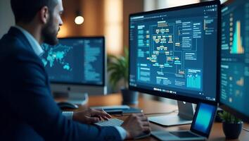 Businessman Analyzing Workflow Automation Process Analysis with Flowchart on Computer Stock Photo Concept Featuring Businessman in Background and Empty Space for Customization Realistic Set 2